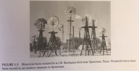 FIGURE 1.3 Historical farm windmills at J.B. Buchanan farm near Spearman, Texas. Windmills have since been moved to an outdoo