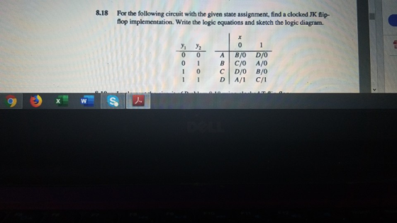8.18 For the following circuit with the given state assignment, find a clocked JK fip- flop implementation. Write the logic e