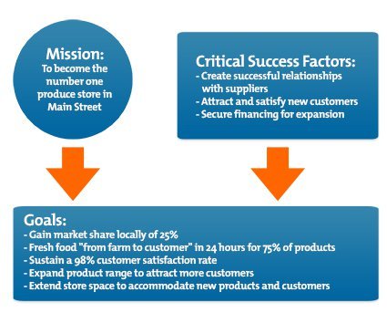 Mission: To become the number one produce store in Main Street Critical Success Factors: -Create successful relationships with suppliers -Attract and satisfy new customers - Secure financing for expansion Goals: -Gain market share locally of 25% Fresh food from farm to customer in 24 hours for 75% of products Sustain a 98% customer satisfaction rate Expand product range to attract more customers Extend store space to accommodate new products and customers