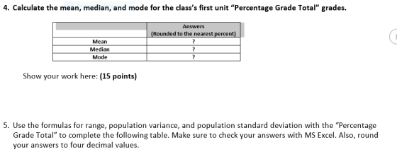 4. Calculate the mean, median, and mode for the classs first unit Percentage Grade Total grades. Answers (Rounded to the n