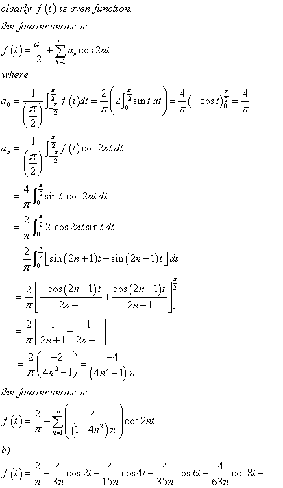 clearhy f(t) is even function the fourier series is where , (t) cos 2nt dt au -| 2 sin t cos 2nt dt [32 cos 2nt sint dt 7M[si