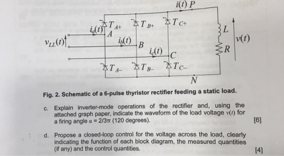 i(t) P iL(t) i (t) v(t) Fig. 2. Schematic of a 6-pulse thyristor rectifier feeding a static load. c. Explain inverter-mode op