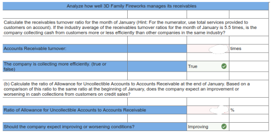 Analyze how well 3D Family Fireworks manages its receivables Calculate the receivables turnover ratio for the month of Januar