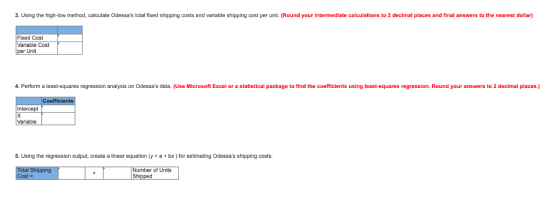 3. Using the high-low method, calculate Odessas total fixed shipping costs and variable shipping cost per unit. (Round your