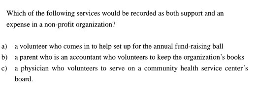 Which of the following services would be recorded as both support and an expense in a non-profit organization? a volunteer wh