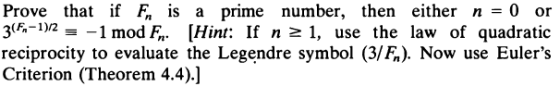 Prove that if is a prime number, then either n=0 or 3--1mod F. [Hint: If n 2 1, use the law of quadratic reciprocity to evalu