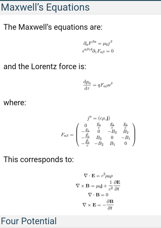 Maxwells Equations The Maxwells equations are and the Lorentz force is where -(cp,j) Faa 0 0 3- B10 This corresponds to: 1