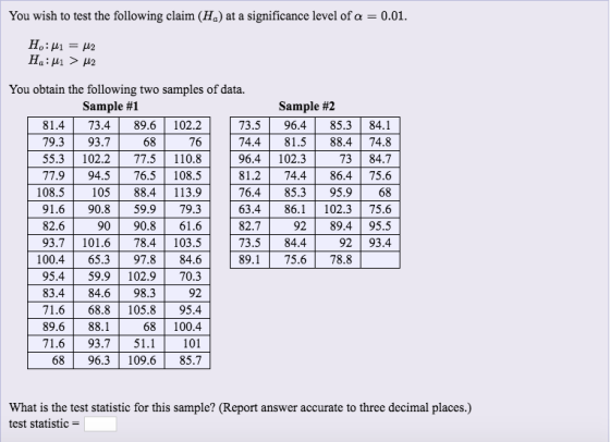You wish to test the following claim (Ha) at a significance level of a 0.01 You obtain the following two samples of data. Sam