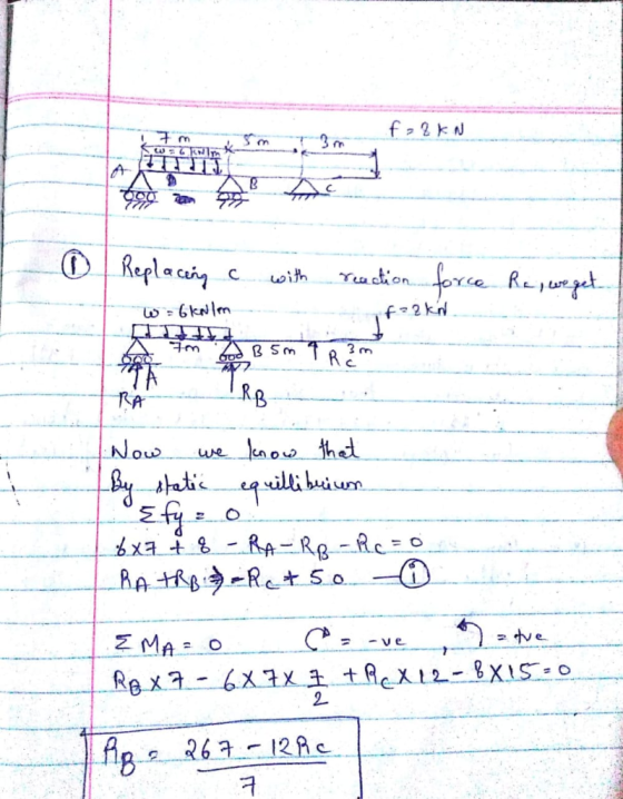 f Repla ca Tucton with f2 kn w 6kN|m 3 m c wt TA RA kano thed xilli huium Now ue bxa t-RA=Re-Rc o RA RBRe So tve ZMA 1 ve RBx