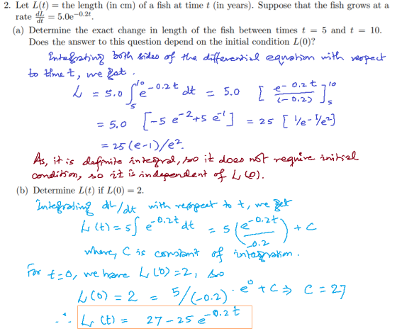 Let L(t) rate = 5.0e-0.2t (a) Determine the exact change in length of the fish between times t - 5 and t - 10. the length (in