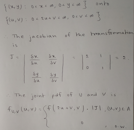 on ho (u, v) 2u4 V The jacobian of he hransfonmahon 2. SV Sy sy SuSv The joint pd f of U and V įs u,v)EA