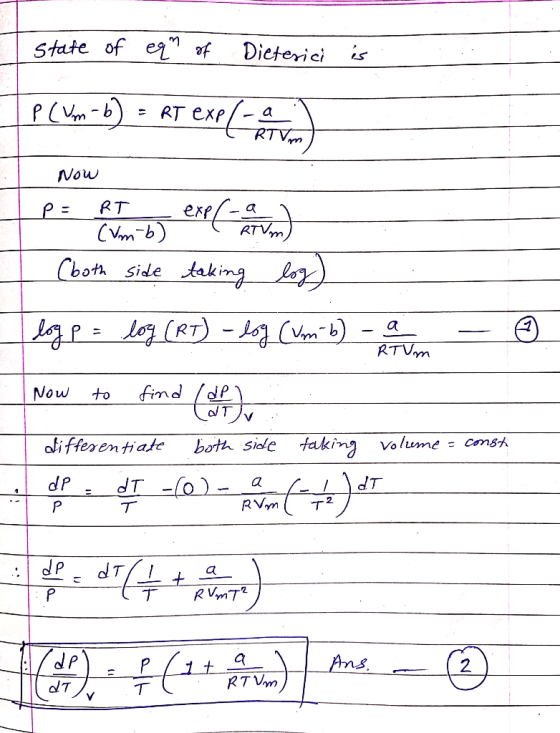 State of e f Dieterici P(Vm-b RT e a RTVm Now ext- RT a ATVm) (9-n) Side Cooth taking la Vm b) PLoy (RT)- RTVm find Now olT a