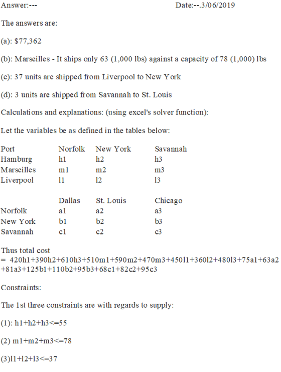 Answer: Date:--.3/06/2019 The answers are: (a): $77,362 (b): Marseilles It ships only 63 (1,000 lbs) against a capacity of 78
