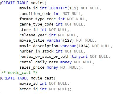 CREATE TABLE movies( movie_id int IDENTITY (1,1) NOT NULL condition_code int NOT NULL, format tvpe code int NOT NULL genre ty