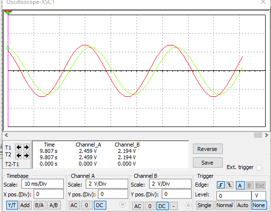 Oscilloscope-XSCT Channel A 2.459 V 2.459 V 0.000 V Channel B 2.194 V 2.194 V 0.000 V Time 9.807 s T2 → | 9.307 s T2-T1 Timeb