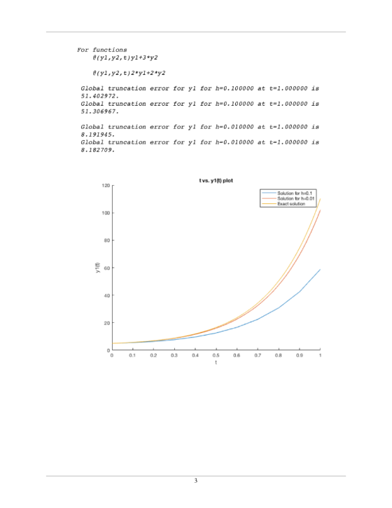 For functions e(yl,y2,t)yl+3*y2 Global truncation error for yl for h-0.100000 at t-1.000000 is 51.402972. Global truncation e