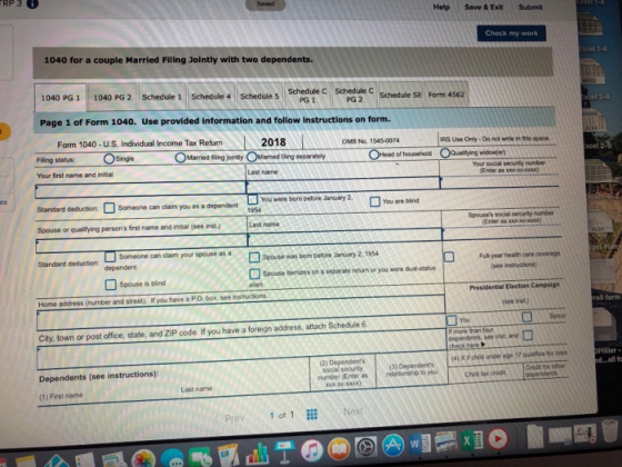 Seved Help Save & Exit Submit Check my work 1040 for a couple Married Filing Jointly with two dependents el1-6 040 PG 1 1040