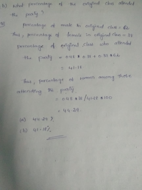b) hot Percertage dthe egind chus allended pasly Percentage ot male ontginal clas 62 Thutpercentage d female ofiginal class P