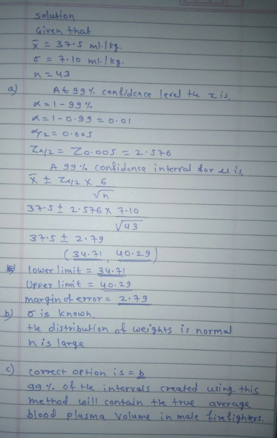 solution Giveh thal 43 Atg9Y. confidence level theて 33.5 ± 2.79 34·귀 40.29 tower limit 3- Upper limit 40.23 -b): is known tle
