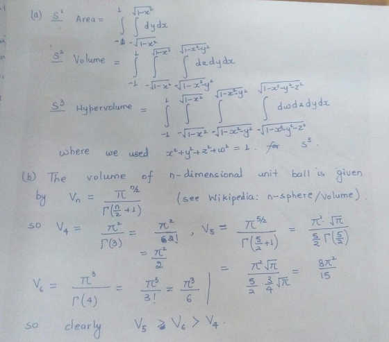 (a) s Area SVo lume s 3 dudadydz where we ue (b) The volume of dimens ional unit ball s given (see Wikipedia: n-sphere/vo lu
