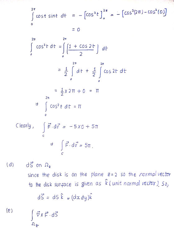 coSt sint dt -COS 0 2TT cos* t dt = | (1 + cos 2 t 2 + COS 2t dt 2 2 2 CoS2t dt -T Clearlu (d) dS on a since the disk is on t