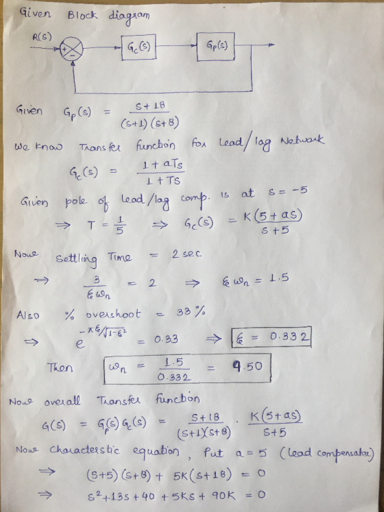 Given Block diogxam R(S) Gp(s) s+1.8 Given Gp (s) , = s at s=-5 Leod /lag Co tvern pole s+5 2 sec. Noue Settling Trno 2 Also