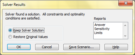 Solver Results Solver found a solution. All constraints and optimality conditions are satisfied. Reports Answer Sensitivity L