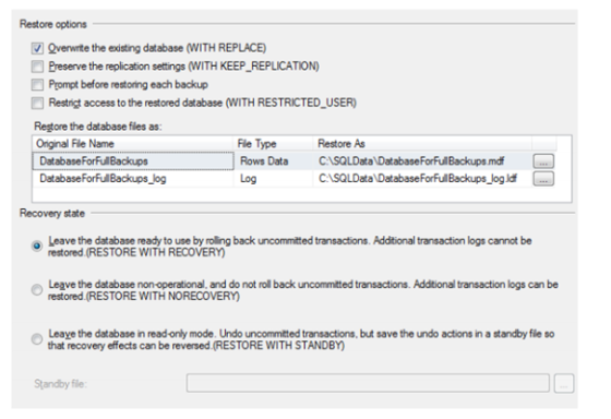 回 rennte the existing database (WITH REPLACE) Preserve the replication settings (WITH KEEP_REPLICATION) Prompt before restori