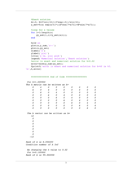 %Exact solution A=-2 ; B-2*cot ( 14 )+(3*exp (-2))/sin(14); y_ext-(x) exp(x/5)((Acos(7*x/5))+B*sin(7*x/5) %loop for x values