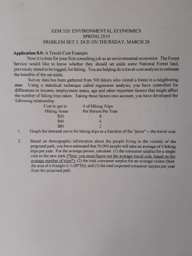 EEM 320: ENVIRONMENTAL ECONOMICS SPRING 2019 PROBLEM SET 3: DUE ON THURSDAY, MARCH 28 Application 80: A Travel-Cost Example N