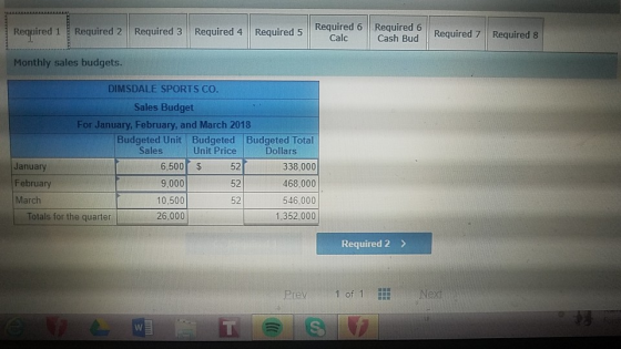Reduired 6 Required G Required 1 Required 2 Required 3 Required 4 Required 5 Required 7 Required 8 Cash Bud Monthly sales bud