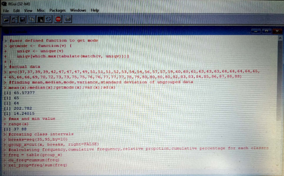 R RGui (32-bit) File Edit View Misc Packages Windows Help >:#user defined function to get node getmode < function (v) Lniqv<-