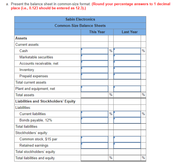 a. Present the balance sheet in common-size format. (Round your percentage answers to 1 decimal place (i.e., 0.123 should be