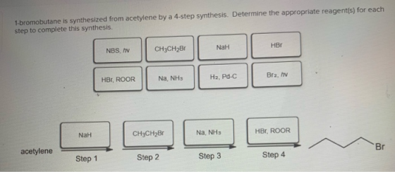 1-bromobutane is synthesized from acetylene by a 4-step synthesis. Determine the appropriate reagent(s) for each step to comp