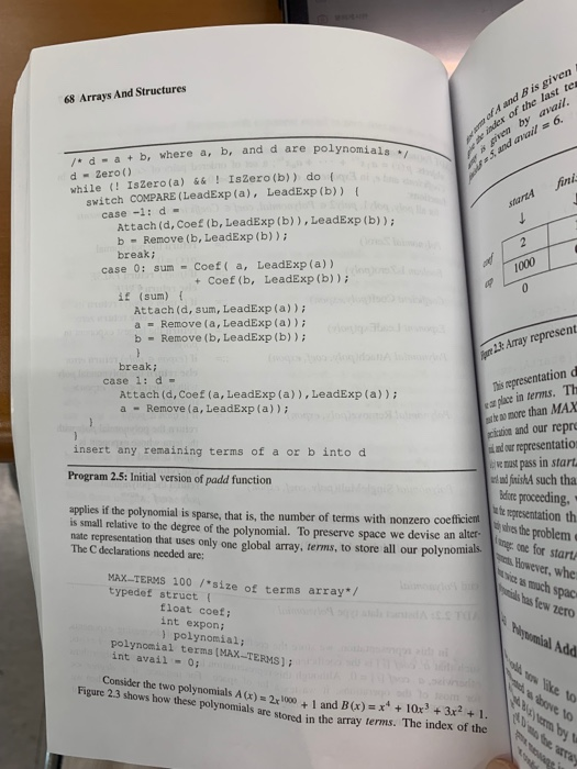 fA and B is given ex of the last tes eiven by avail s and anail6 68 Arrays And Structures /.d-a+b, where a, b, and d are poly