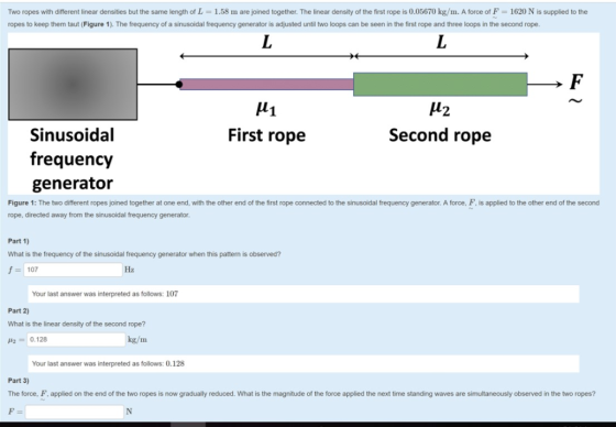 Two ropes with different linear densities but the same length of L -1.58 m are joined together. The linear density of the fir