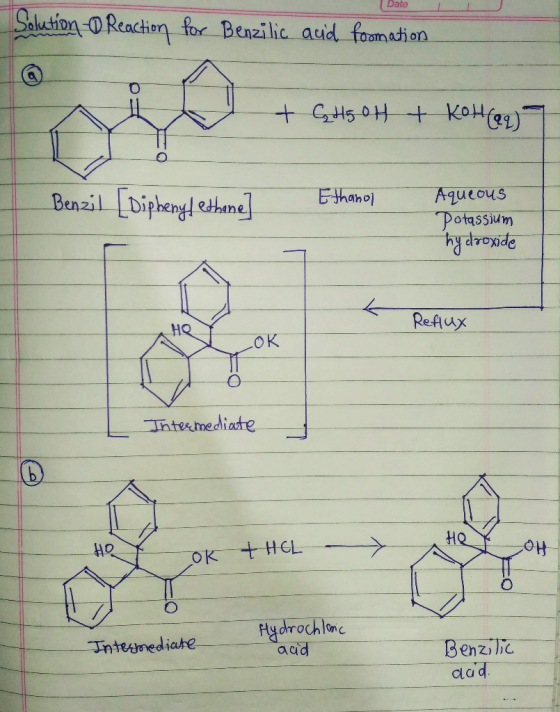 Date olction0R Reacion for Benzilic aid Benzil holAgueous PotasSjum hydroxide Relux Intesmediadte EL OK rochIonc teumediate a