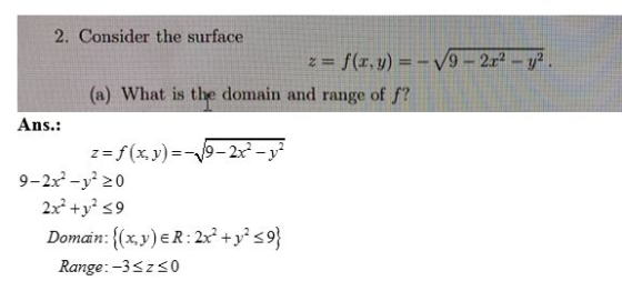 2. Consider the surface (a) What is the domain and range of f? Ans.: 9-2x2-y20 Domain:(xy)eR: 2s9 Range:-3šz30