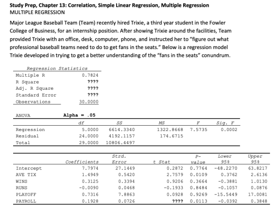 Study Prep, Chapter 13: Correlation, Simple Linear Regression, Multiple Regression MULTIPLE REGRESSION Major League Baseball