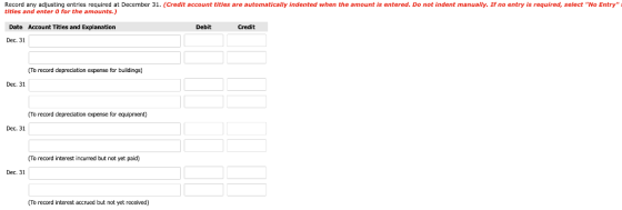Record any adjusting entries required at December 31. (Credit account titles are automatically indented when the amount is en