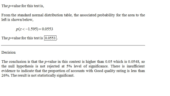 The p-value for this test is, From the standard normal distribution table, the associated probability for the area to the lef