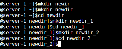 @server-1 -1$mkdir newir @server-1 1$mkdir newdir @server-1 1$cd newdir @server-1 newdirl$mkdir newdir 1 @server-1 newdirl$cd
