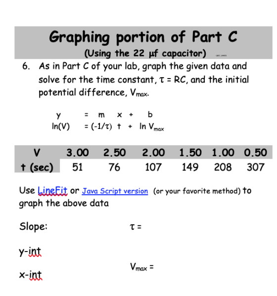 Graphing portion of Part C (Using the 22 uf capacitor) As in Part C of your lab, graph the given data and solve for the time