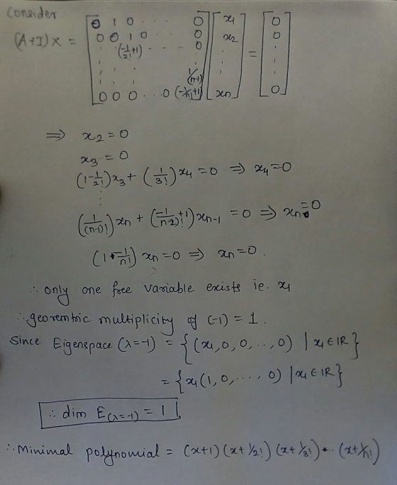 Consider e o oon only one Ree variable exists ie、 Since EigenepaceEIR (Pu,o, o,.., o (A=-1) o)- e iR 커져(I, o, Minimal polunow