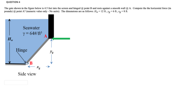 QUESTION 4 The gate shown in the figure below is 4.5 feet into the screen and hinged @ point B and rests against a smooth wal