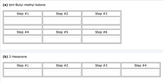 (a) tert-Butyl methyl ketone Step #1 Step #2 Step #3 Step #4 Step #5 Step #6 (b) 2-Hexanone Step #1 Step #2 Step #3 Step #4