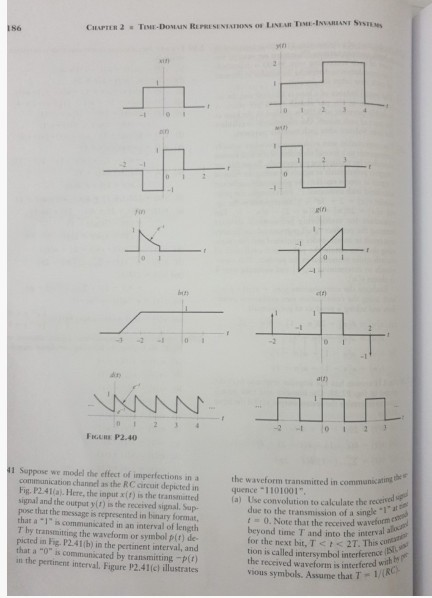 86 미n ini a(t) FIURE P2.40 the waveform transmitted in communicatingt quence -1101001 a) Use convolution to cakculate the re
