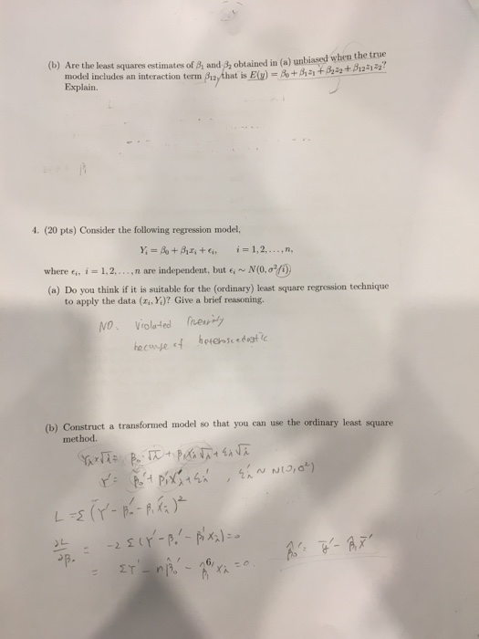 (b) Are the least squares estimates of B, and 3, obtained in (a) unbiased when the true that is E(y) Przy model includes an i
