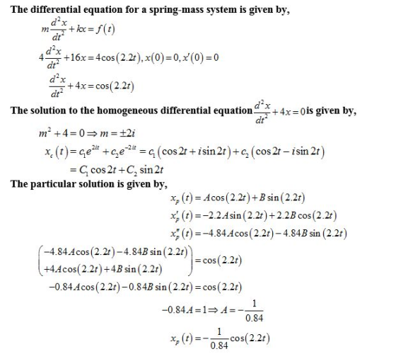 The differential equation for a spring-mass system is given by, at 44x +16x=4c0 s(2.2t).x(0)= 0, x(0)=0 +4x- cos (2.2) The s
