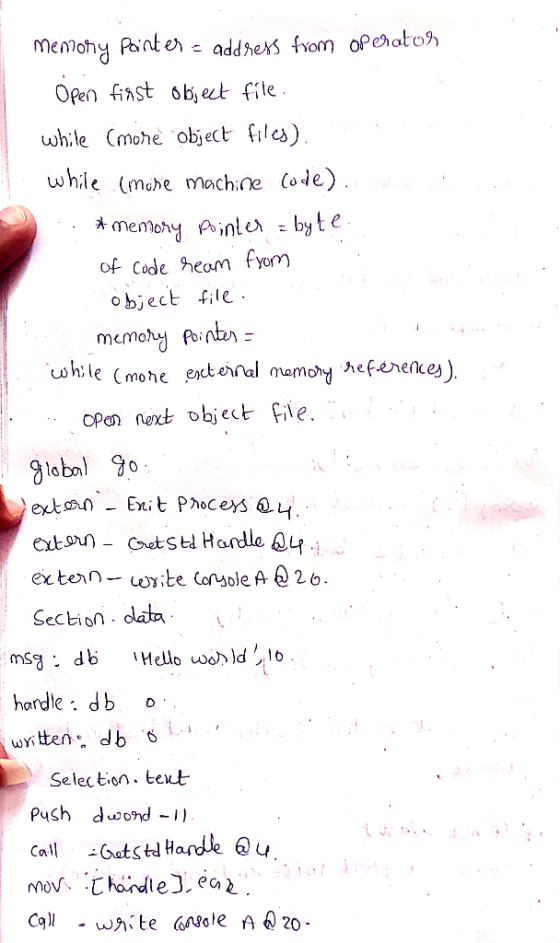 Open fst ob,et fie while Cmohe object files) while (mahe machoe Code) of cade heam fyom object file memohy Pointe lob o exten